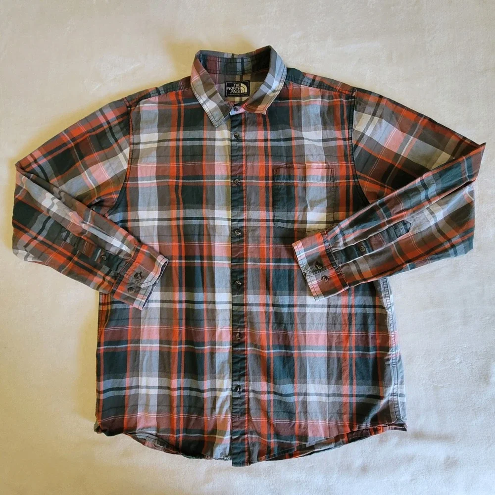 The North Face Plaid Shirt Mens XL Orange Grey Long Sleeve Button Down Cotton